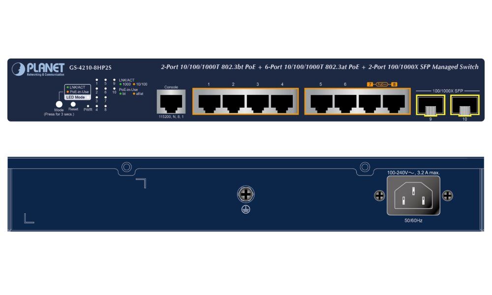 Fiber Switch/2-Port/(10/100/1000T)/802.3bt PoE + 6-Port 10/100/1000T 802.3at PoE + 2-Port 100/1000X/SFP/Managed Switch