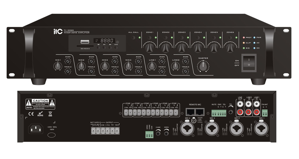 ITC/240W/6 Zone mixer amplifier with MP3/TUNER/BLUETOOTH