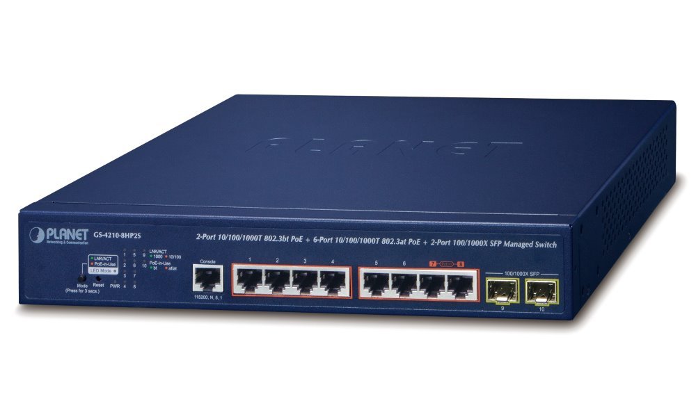 Fiber Switch/2-Port/(10/100/1000T)/802.3bt PoE + 6-Port 10/100/1000T 802.3at PoE + 2-Port 100/1000X/SFP/Managed Switch